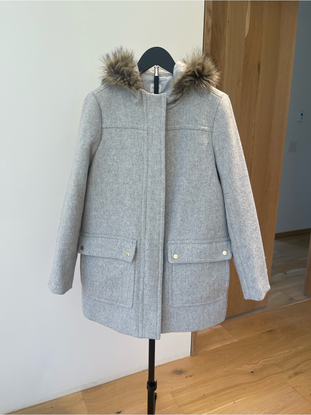 J. Crew Factory Light Gray Wool-Blend Duffel Coat with Faux Fur Hood